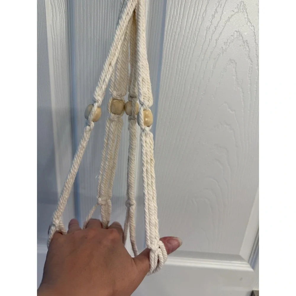 Pair Of VTG Wood Beaded (1) Macrame Plant Hanger White Set 2 Large 3 Plants/each